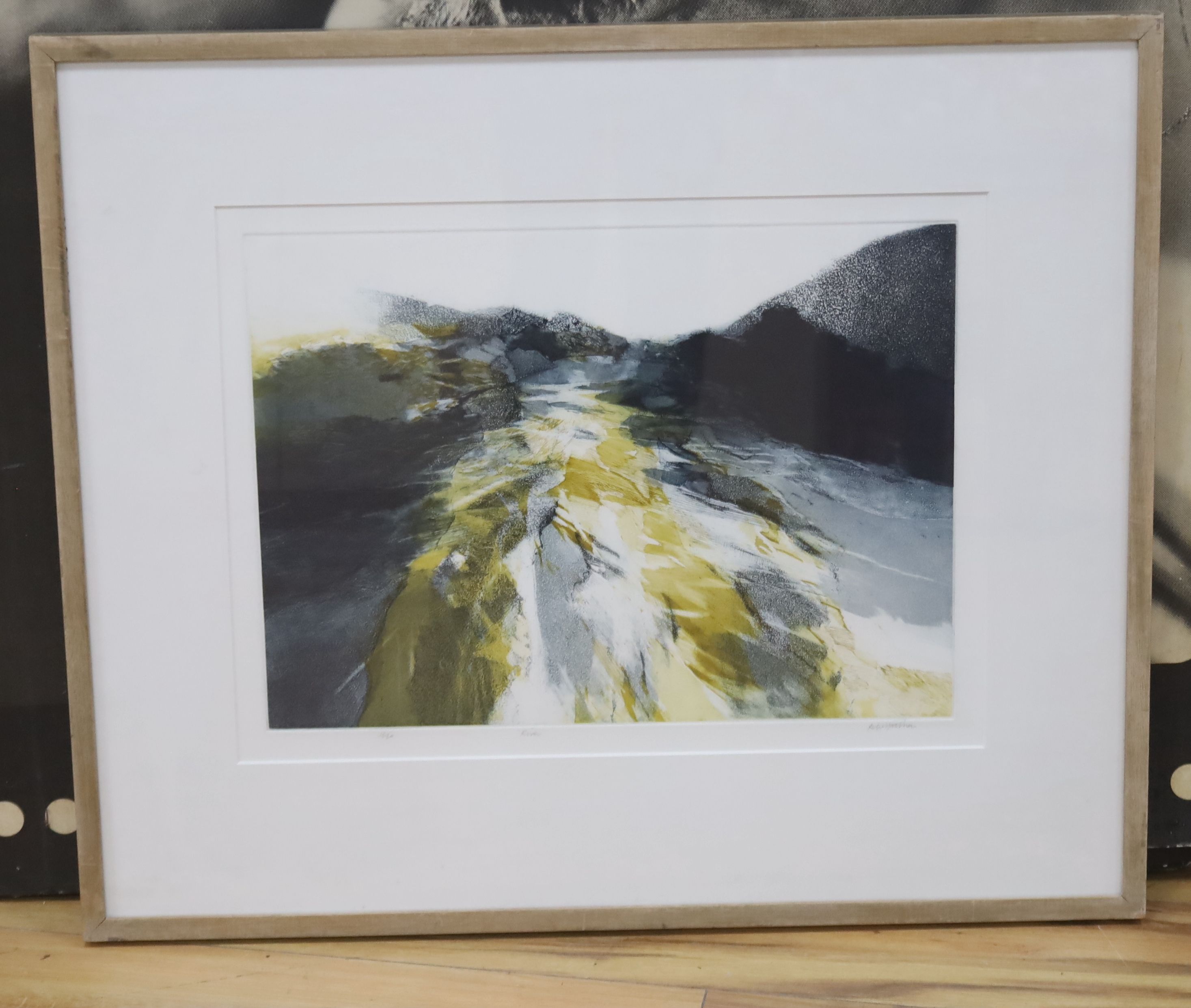 P. Matthews, colour etching, 'River', signed, 28/50, 34 x 46cm and Sophie Knight (1965-), watercolour, Table top still life, signed, 67 x 55cm